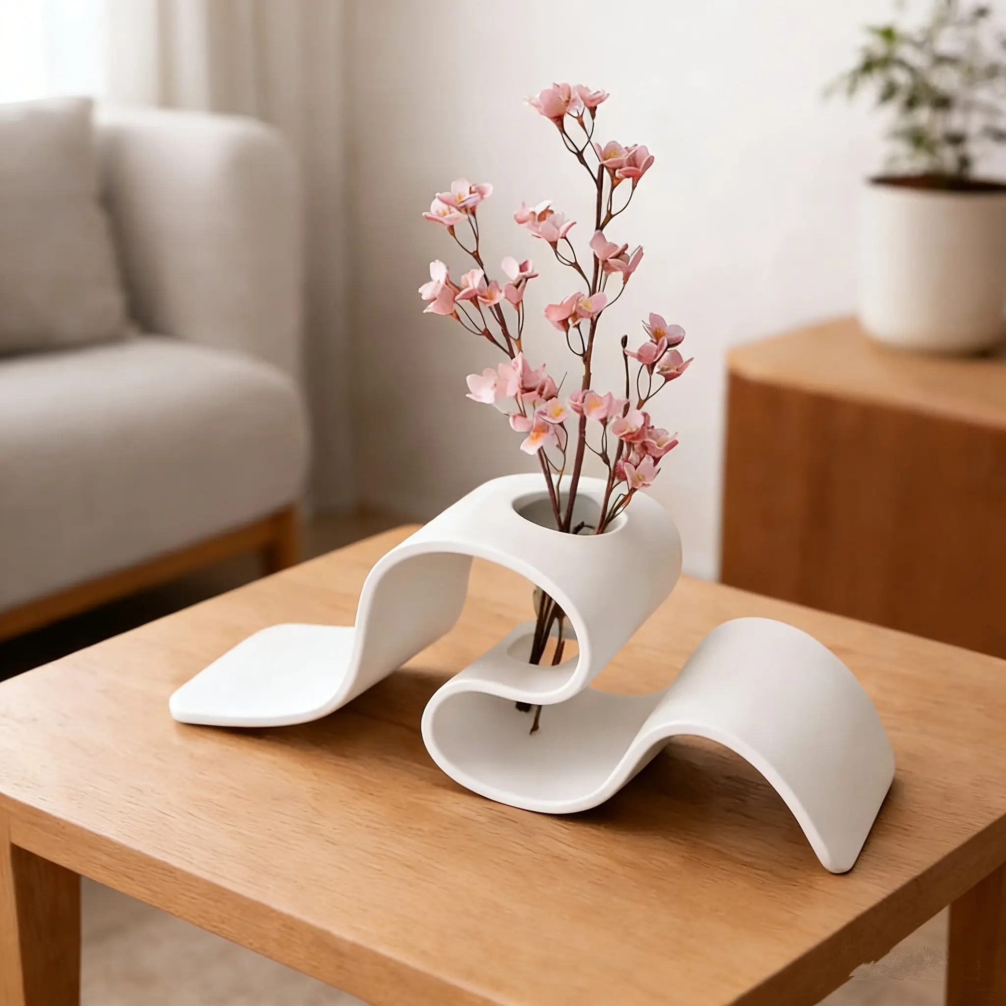Modern Minimalist Curved 3D Printed Vase, Creative Ribbon Shape Dried Flower Holder, Nordic Style Desktop Decorative Planter, Home Office Living Room Ornament, Flower Arrangement Vase, Decorative Vases For Home Decor