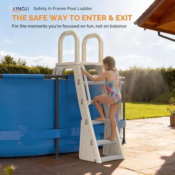 A-Frame Above Ground Pool Ladder with Platform & Handrails, Dual-Sided Anti-Slip Steps, Heavy Duty Swimming Pool Entry Ladder for Above Ground Pools, Beige & Gray
