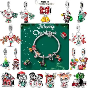 Christmas Gift Charms 925 Silver Green Christma Tree Zircon Santa Claus Elk Small Bell Beads Original Women Bracelet DIY Jewelry