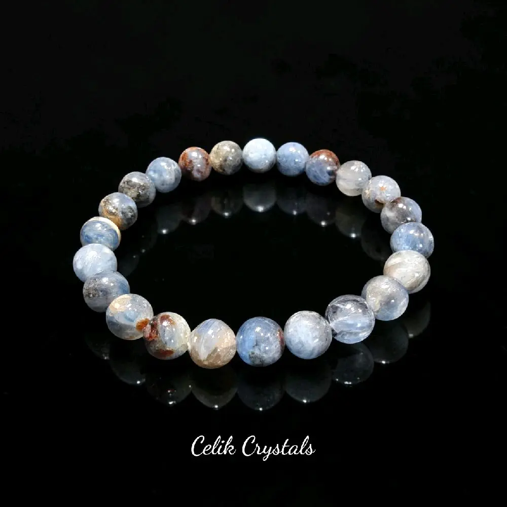 Unisex 8mm Natural Blue Kyanite Beaded Bracelet, Stretch Band for Crystal Healing, Intuition and Chakra Balance, Beaded Bracelets, Adults, All-Natural Materials, 6.5 To 8.5 Inches, Customizable, Enhance Intuition