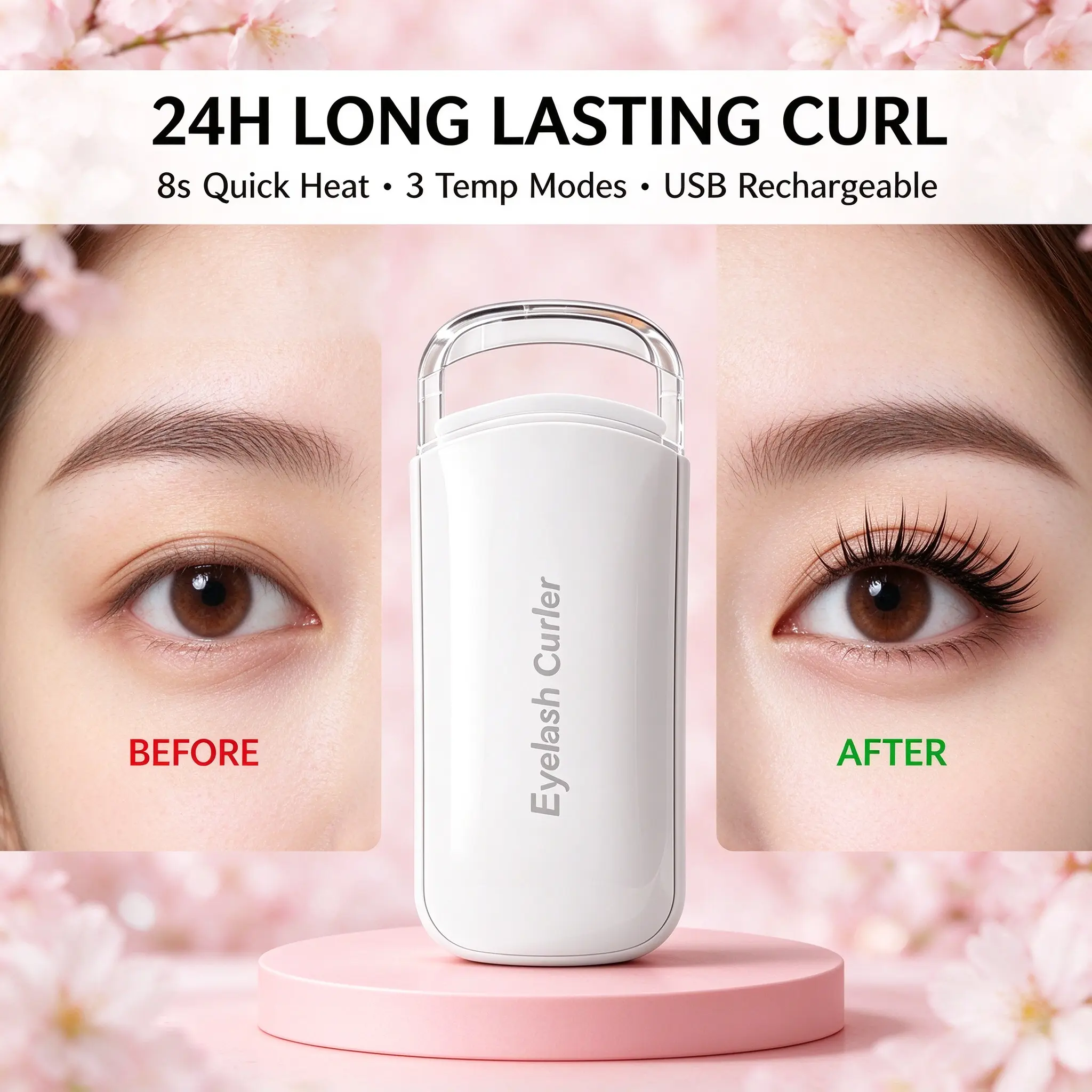 Heated Eyelash Curler, USB Rechargeable with 3 Adjust Temp Modes, 8-Second 24H Long-Lasting Lift, No-Burn Curved Silicone Pad, Compact Portable Lash Lift Tool for Beginners, Ideal for Home Travel