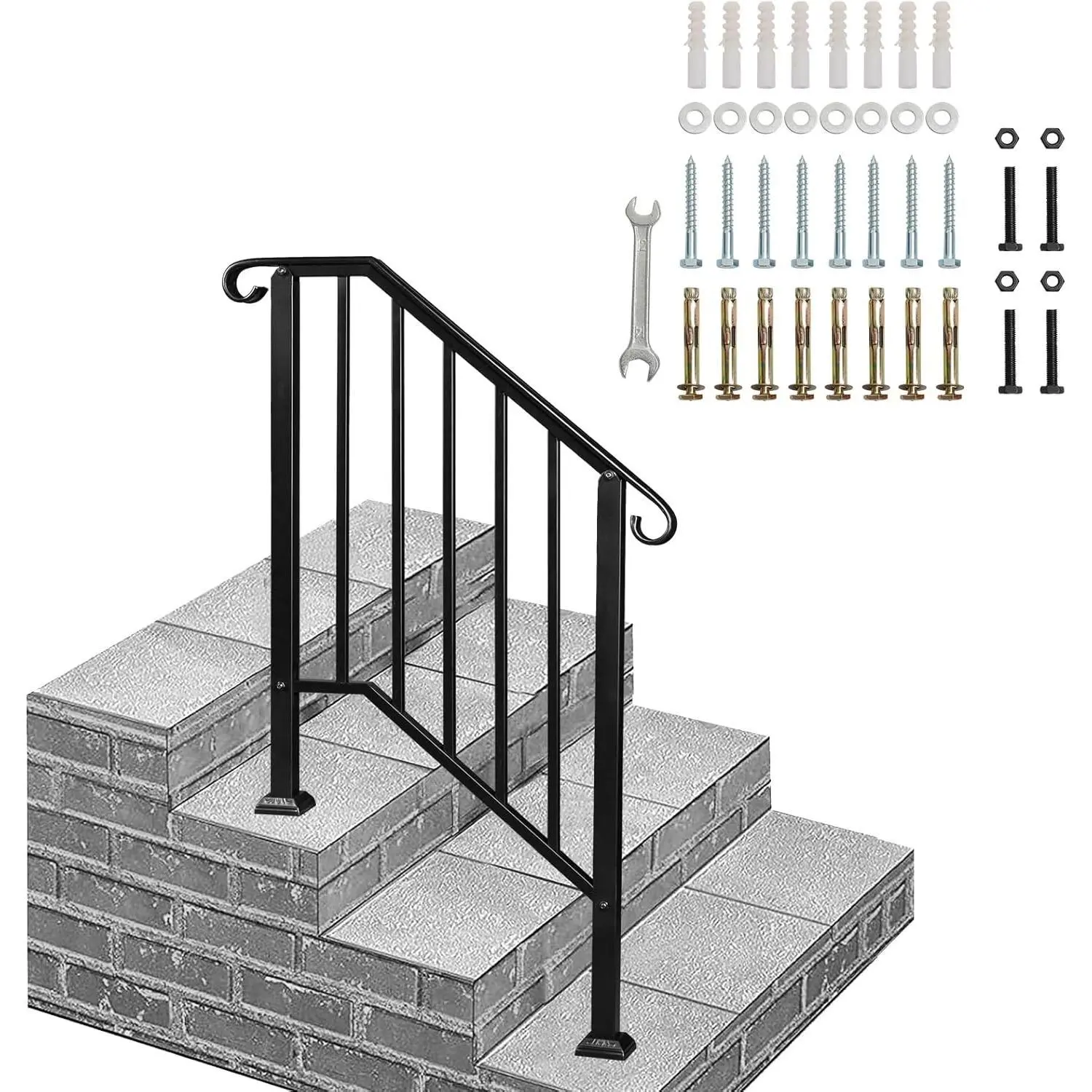 【Summervibes】Ubesgoo Handrails for Outdoor Steps, Black Wrought Iron Handrail Fits 2 or 3 Steps, Transitional Handrail with Installation Kit, Stair Railing for Concrete Steps or Wooden Stairs