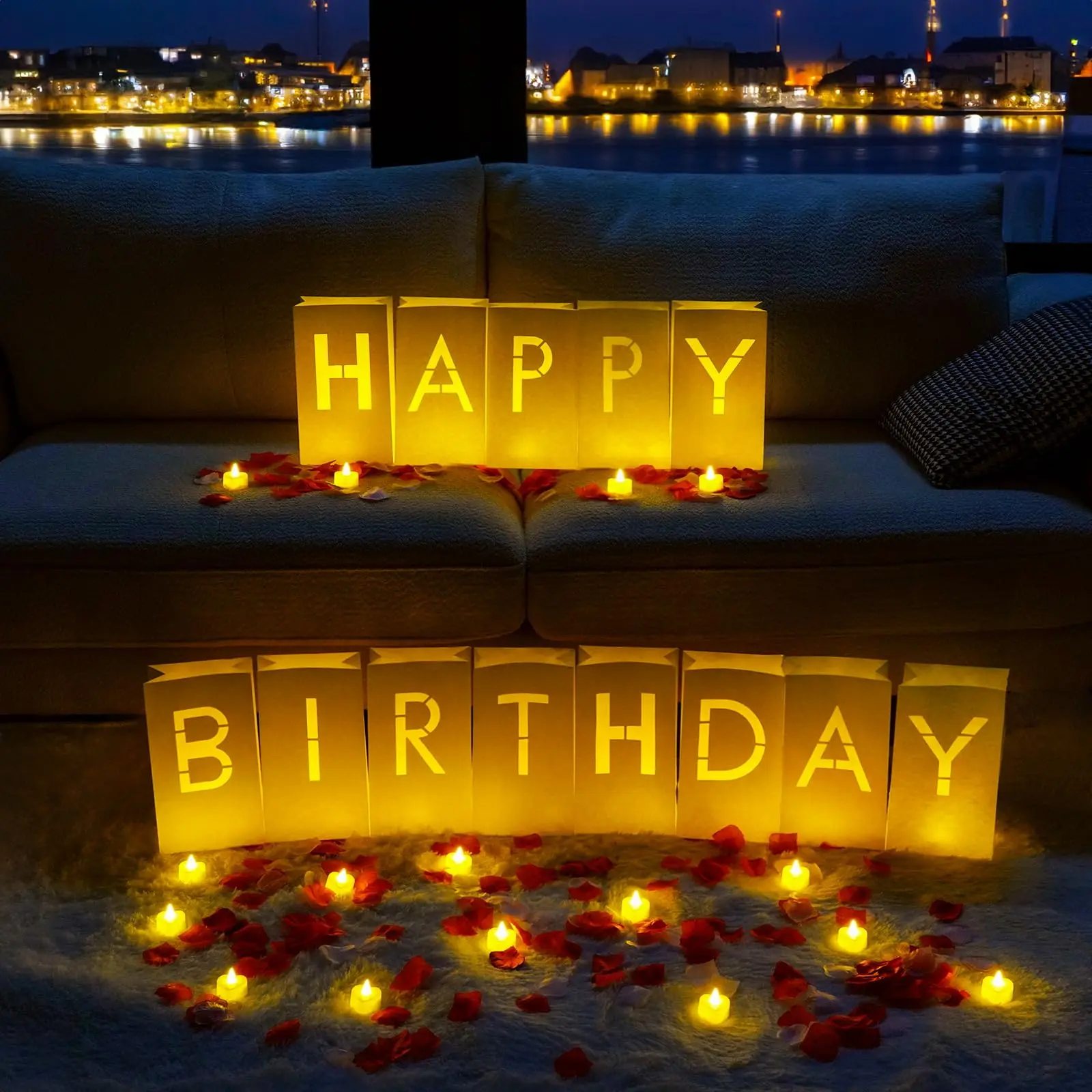 [BacktoSchool] Happy Birthday  Light Up Letters Luminary Bags Kit  with Flameless Candles and Fake Rose Petals, Happy Birthday Sign Party Decoration for Women Men Birthdaydecor & Homedecor graduation leis Ornaments Outdoor Lighting#SummerSaleDeals