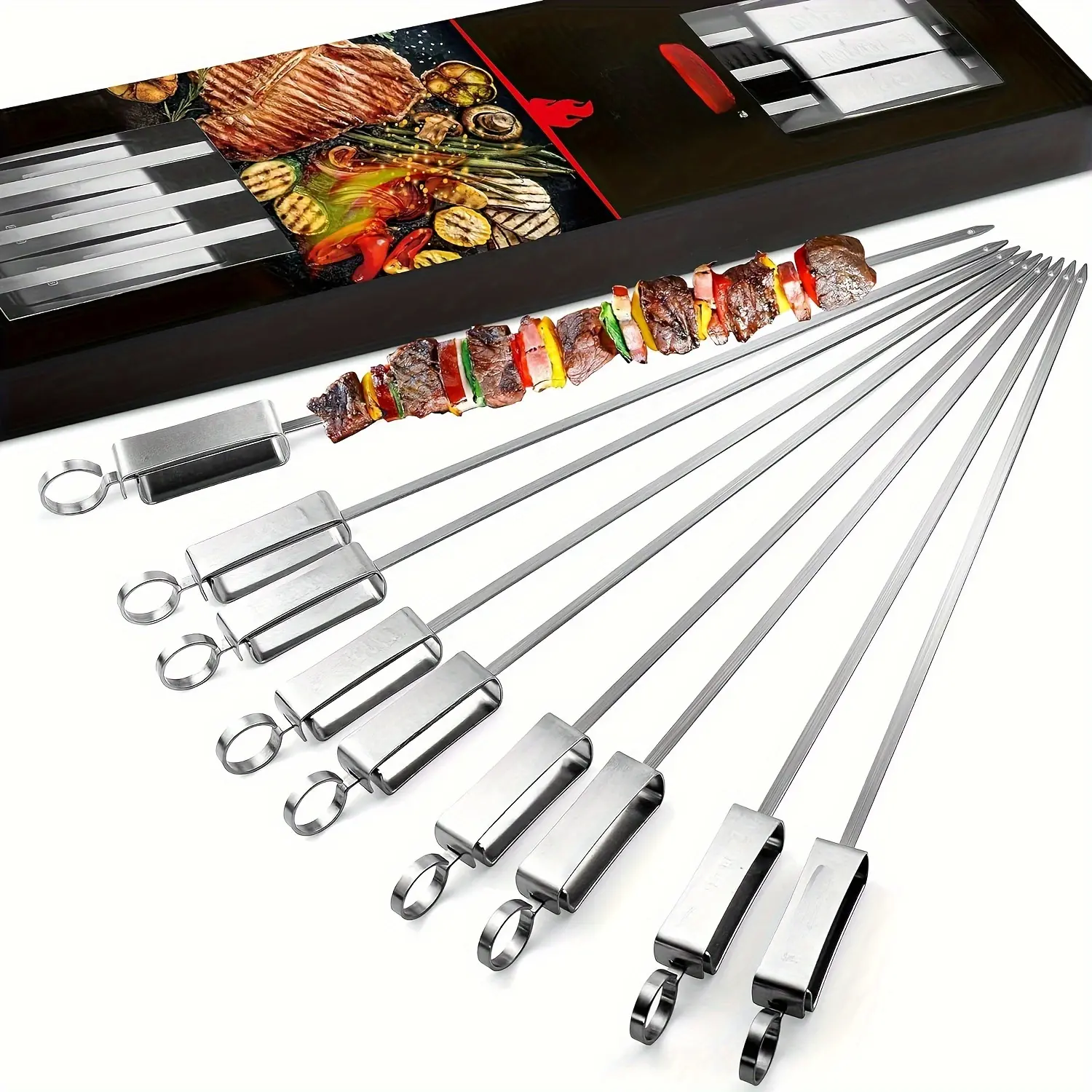 10pcs Stainless Steel BBQ Skewers Set, 17.1 Inch Flat Metal Kabob Sticks, for Grilling Meat, Chicken, Beef, with Dishwasher Safe, for Uncharged Cooking Tools