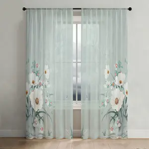 2pc Mint Green Floral Sheer Curtains: All-Season, Breathable Polyester, Semi-Sheer (Privacy), Soft Elegant Vertical Pattern, Rod Pockets for Living Room & Bedroom