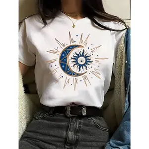Sun Moon Print Crew Neck Casual Tee Women's Spring Summer Wear