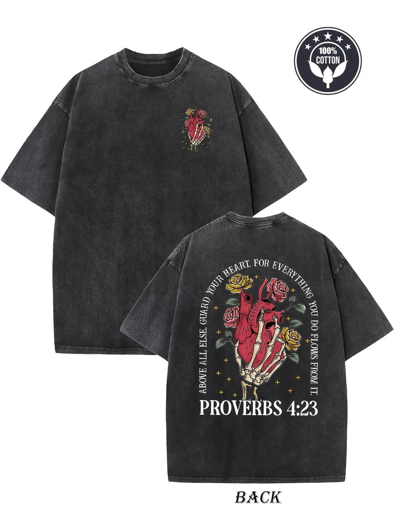 Men's 100% Heavy Cotton Vintage Distressed Round Neck Short-Sleeve Fitted T-Shirt - Streetwear Top with Dual-Sided Proverbs, Floral Heart Graphic for Figure Enhancement