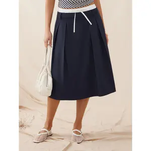 Cider Cotton Colorblock Drawstring Pleated A-line Midi Skirt