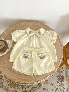 Summer Floral Embroidered Short Sleeve Top and Lightweight Shorts Set Outfit for Girls 0-3 Years, Cute Baby Clothes for Sunny Days, Baby Clothing