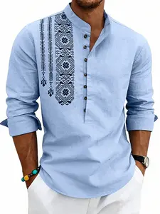Men's Summer Linen Long Sleeve Casual T-Shirt, Ethnic Print Aesthetic Cultural Stand Collar, Henley Button Shirt, Breathable Casual Top, 2026 Cross-Border Fashion