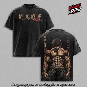 Baki Hanma T-Shirt Washed – Baki The Grappler Anime Manga Strongest Fighter Graphic Double Printed Tee, Heavy Cotton Unisex Oversize Streetwear Top Vintage Clothes Gift for Baki Fans and Manga