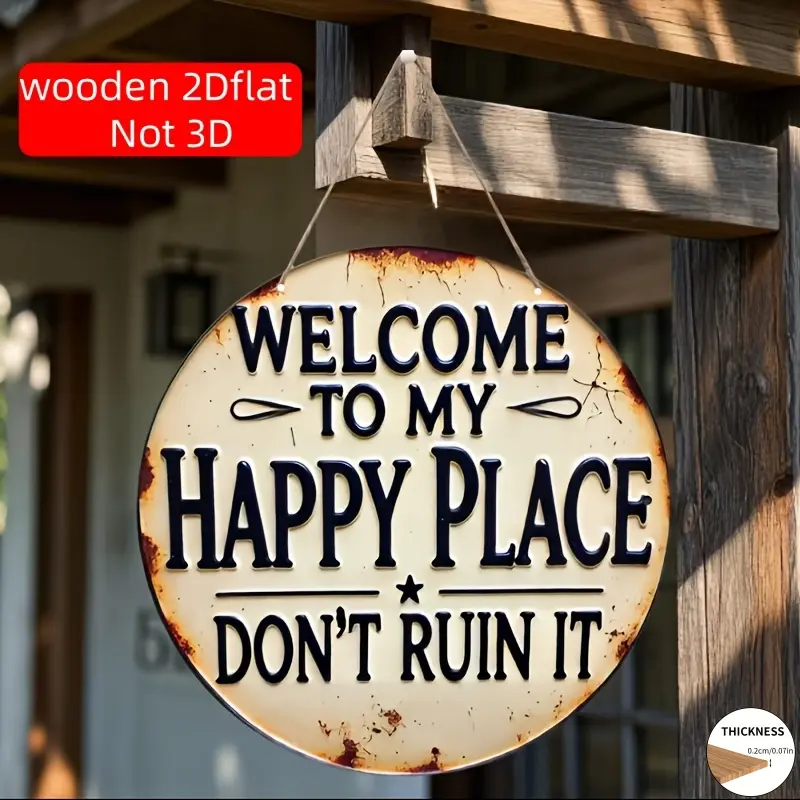 Farmhouse Round Wooden Welcome Sign - "Welcome to My Happy Place" Print, Lightweight Durable Easy-to-Hang with Hanger/Mount, Door Home Decor Plaque, Perfect Gift for Home/Office, Wall