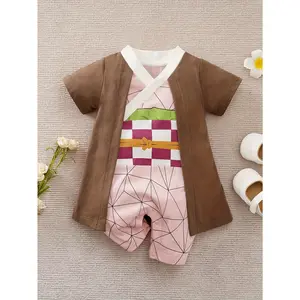 Infant's Anime Character Style Faux Two-piece Bodysuit, Comfy Cotton Short Sleeve Outdoor Onesie, Baby Boy's Clothing, As Gift