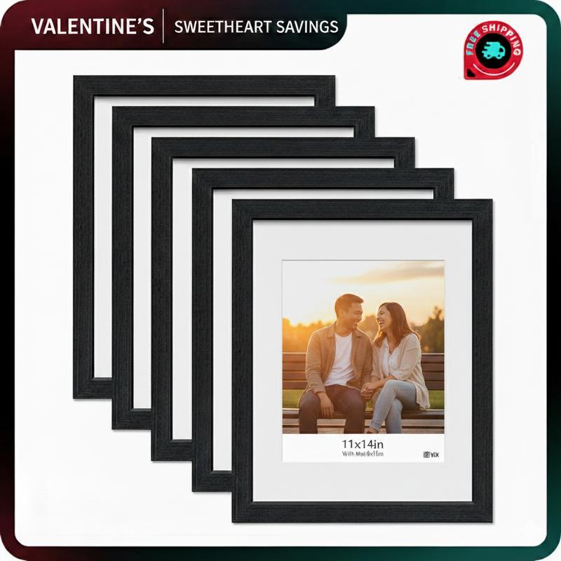 Valentine‘s Gift - 11x14 Picture Frame with Polished Plexiglass - Set of 5 - Use as 8x10 Frame with Mat or Display 11x14 Photo Without Mat - Galleria Collection - Picture Frames for Wall Display - Black
