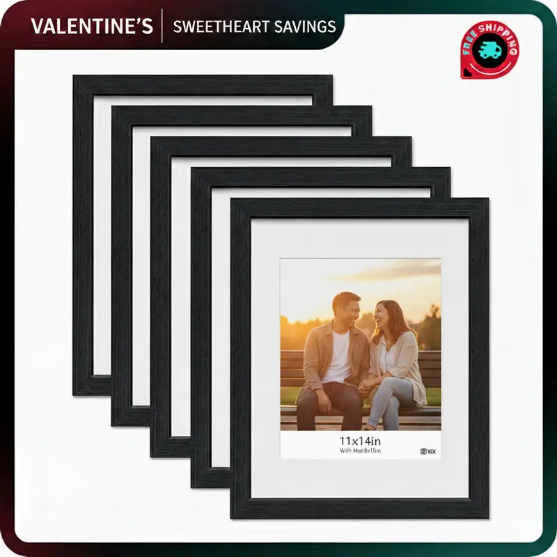 Valentine‘s Gift - 11x14 Picture Frame with Polished Plexiglass - Set of 5 - Use as 8x10 Frame with Mat or Display 11x14 Photo Without Mat - Galleria Collection - Picture Frames for Wall Display - Black
