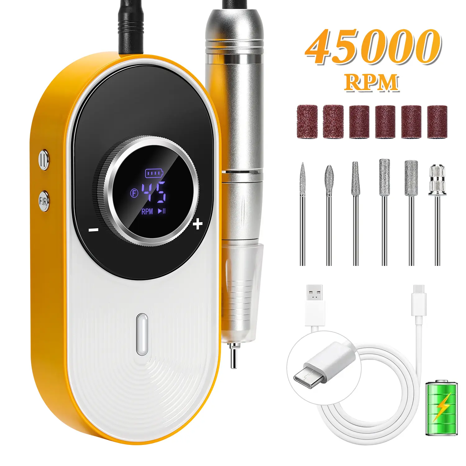 Rechargeable Electric Nail Drill - 45000 RPM, Compact, Large HD LCD Screen, 8-Hour Battery Life, Aluminum Alloy Handle, Low Vibration, USB Adapters Included, for Acrylic Manicure, Polish, Nail Tech Supplies - Professional Salon & Home Use