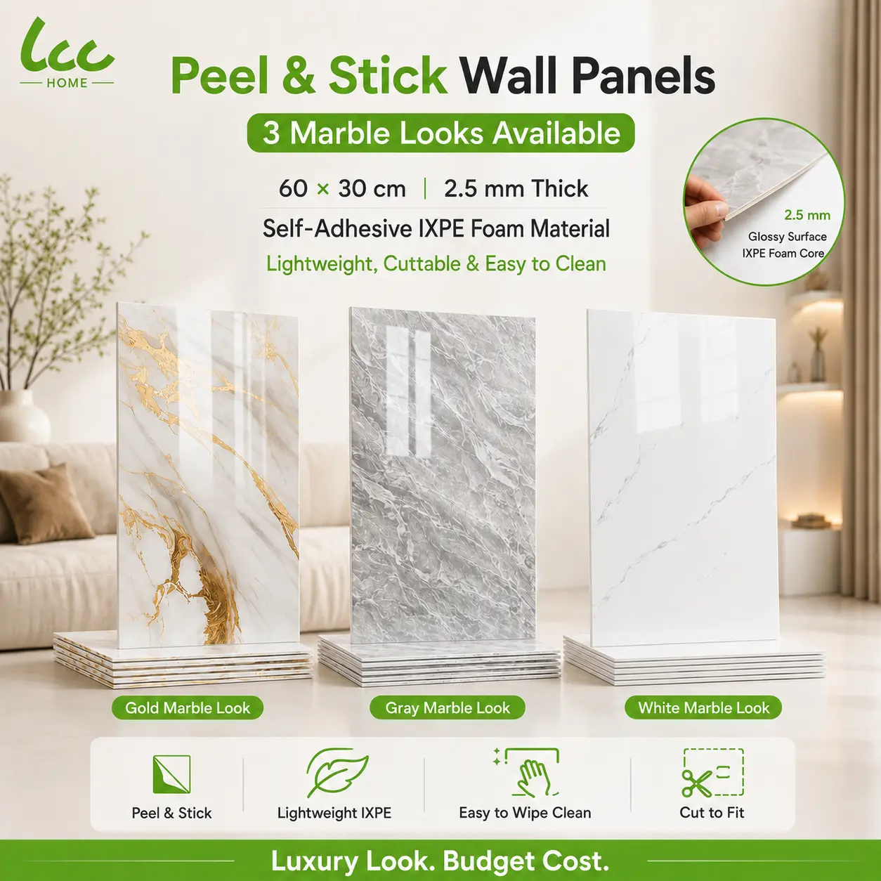 LCC Peel and Stick Wall Panels 23.6x11.8in (38.7 Sq. Ft. Coverage) Lightweight Backsplash Marble Look Tile (Not Real Marble), Ideal for Kitchen Bathrooms Living Rooms Bedrooms, 20pc,40pc