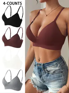 Women's Solid Color Adjustable Strap Bra, Soft Comfortable Breathable Push Up Knit Bra, Women's Lingerie for All Seasons, Underwear