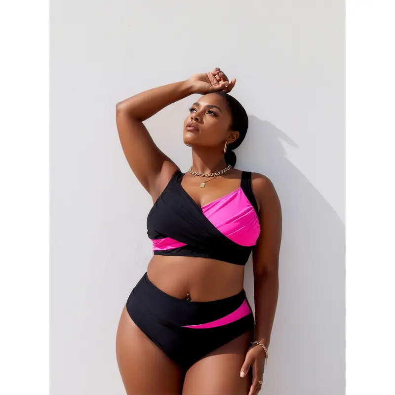 Women's 2026 New Plus Size Swimsuits - 2-Piece Color Block Bikini Set, Black & Pink, Wrap Front, High Waist, Bold Beach Style