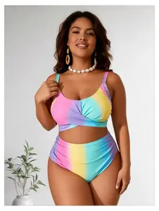 Plus Size Rainbow Bikini Set - Women's Knitted Swimsuit, High Waisted Bathing Suit, 2 Piece Swimwear for Summer, Colorful Beach Outfit, Curve & Plus Size
