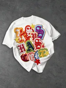 Men's Loose Fit Colorful Gothic Letter 3D Embroidered T-Shirt, Y2K Retro Star Patch Streetwear, Casual Short Sleeve Top for Daily Wear
