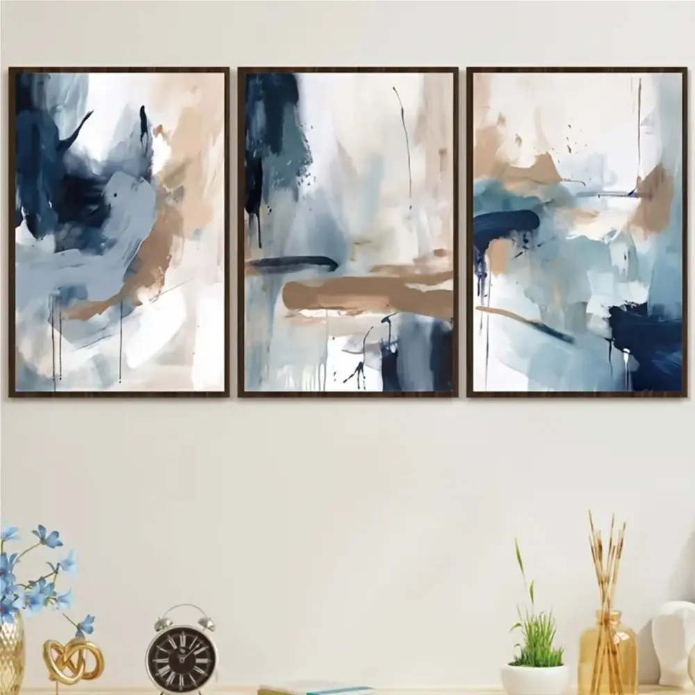 3 Pieces Abstract Navy Blue Geometric Ink Landscape Art, Minimalist Scenery Wall Mural, Modern Serene Home Art, Contemporary Gallery Decor, Dark Tone Painting, Wall Decor for Living Room, Study and Office, Framed or Unframed Options Available.