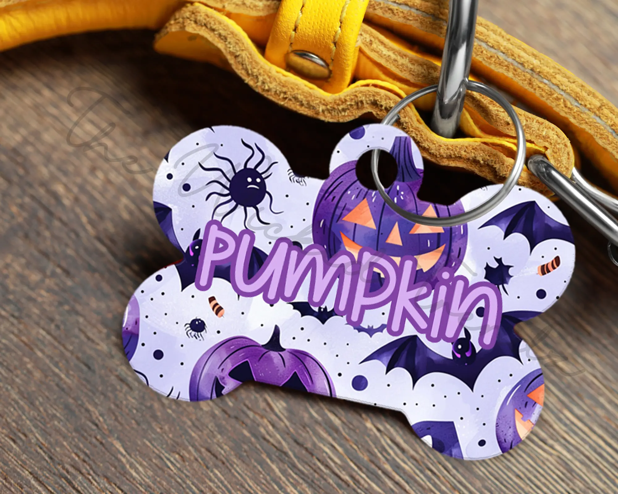 Purple Cute Halloween Bats Pumpkins Personalized Pet Dog Name ID Tag Double Sided Aluminum Custom Dog Puppy ID Tag