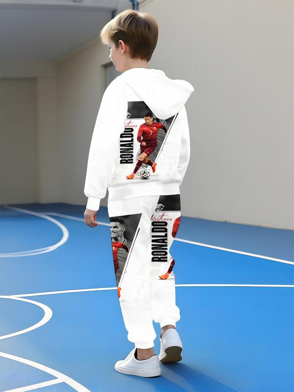 Boy's CR7 Football Themed Sweatsuit with Soccer Number Prints, Hooded Sweatshirt and Pants, Casual Outfit for Spring & Fall