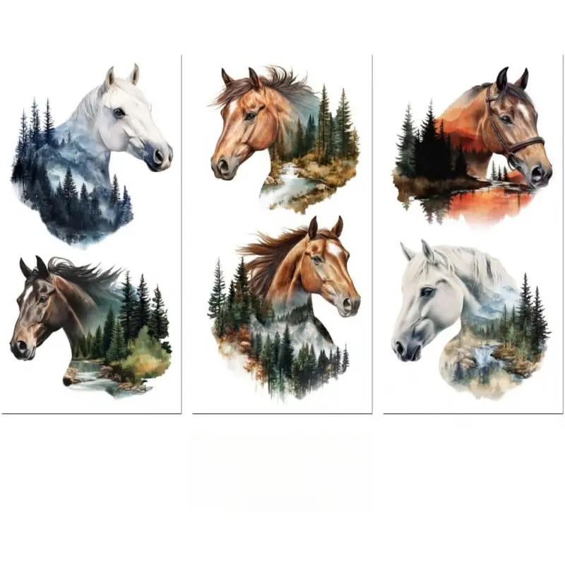 Rub on Transfer Decal Sticker for Furniture Craft Decor 6"x12" Landscape with Horse Silhouette, 3Pcs Waterproof UV DTF Transfer for Drawer Dresser Glass Porcelain  Plastic
