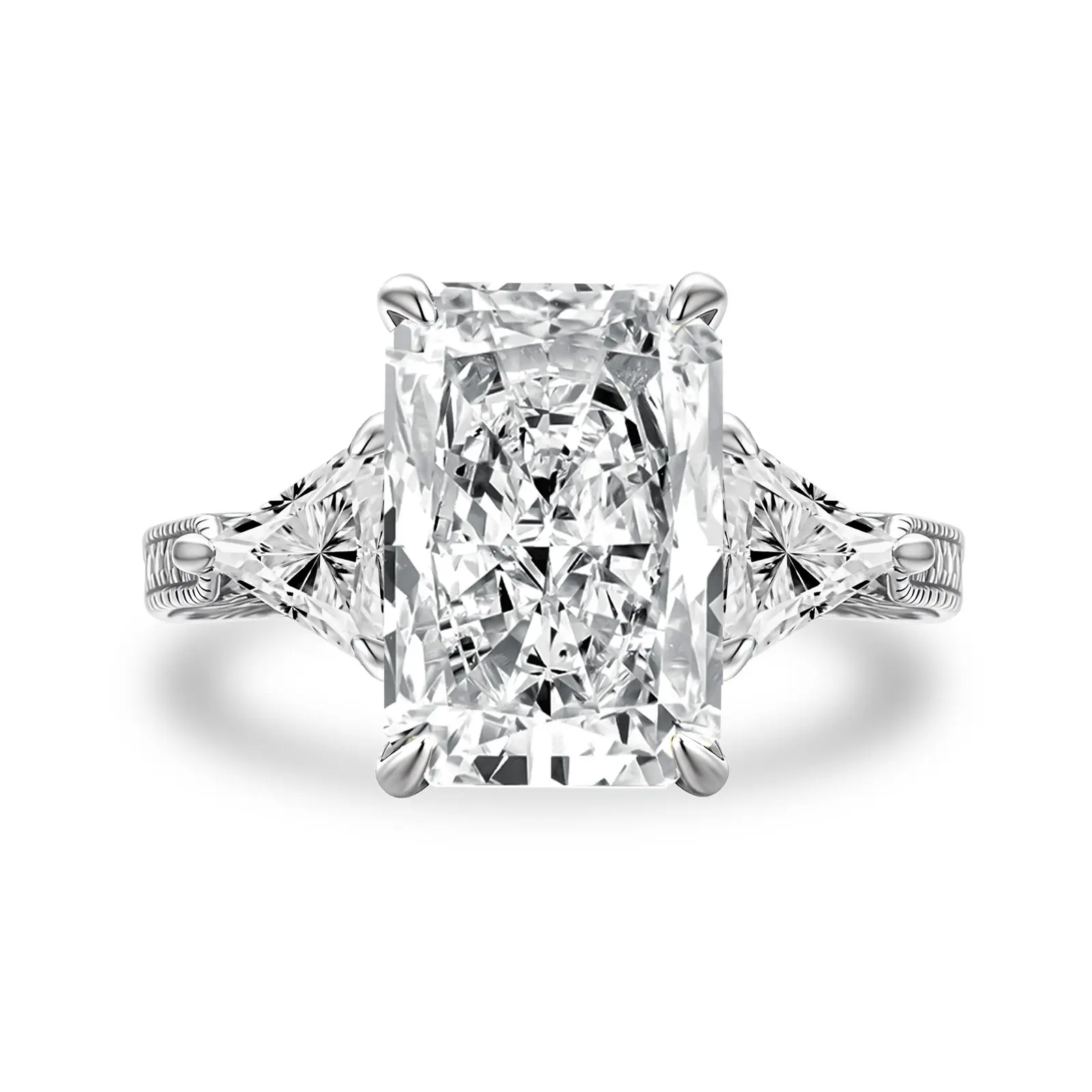 MAXINEJEWELRY 5.0ct Radiant Cut Engagement Ring,Past Present Future 3 Stone,Triangle Cut Side Stone,Crushed Ice AAAAA Cubic Zirconia,Trendy Promise Ring