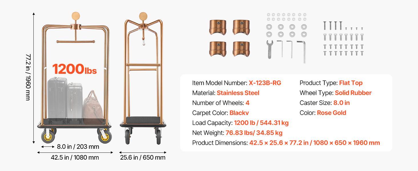 VEVOR Hotel Luggage Cart, 1200 lbs Heavy Duty Bellman Cart with Stainless Steel Frame, 8 in Rubber Wheels, Black Carpeted Deck, Commercial Luggage Carrier Rolling Trolley for Hotels,Resorts, Rose Gold