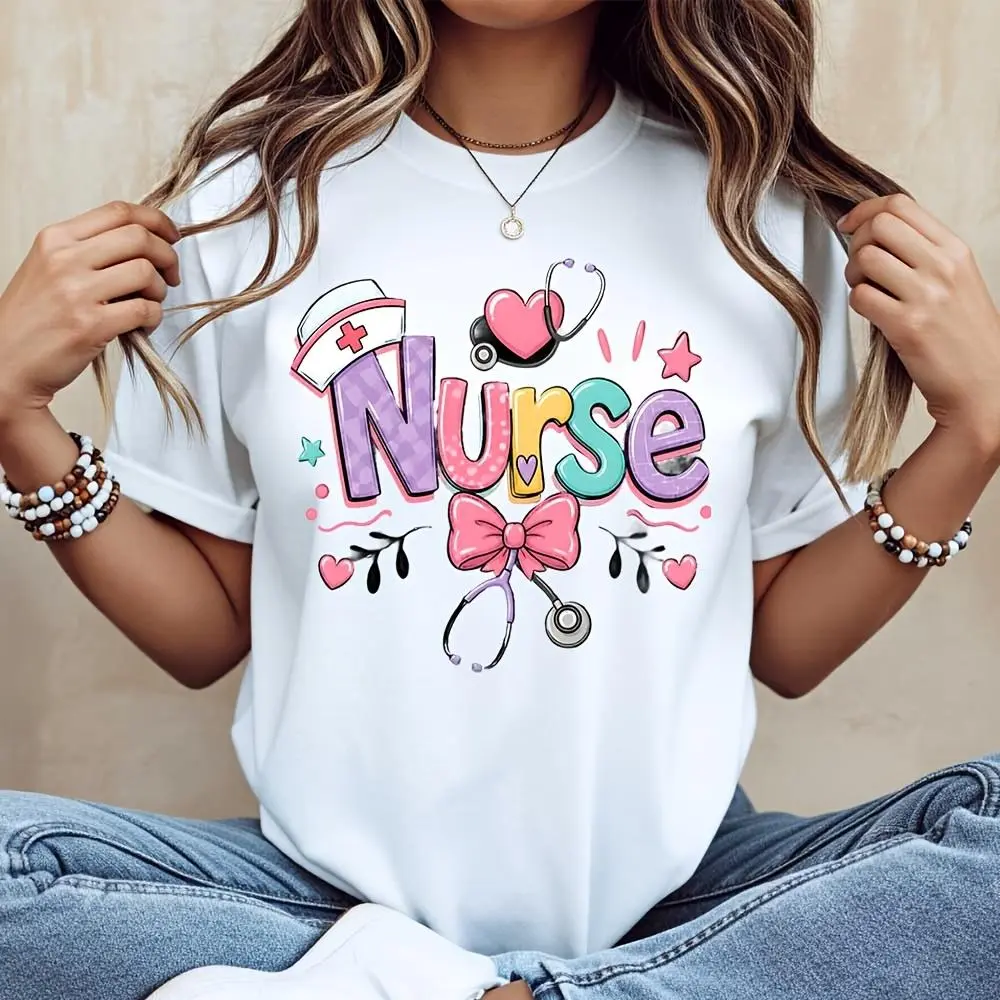 Colorful Nurse Text With Stethoscope And Heart Print, T-Shirt, Nursing Appreciation Gift For Women, Casual Daily Wear