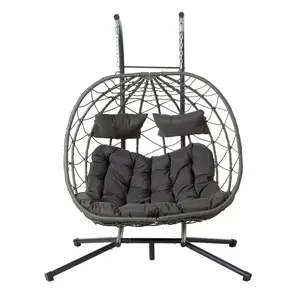 Egg-shaped two-person chair with stand, indoor/outdoor swing chair, patio wicker hanging basket egg-shaped chair, suitable for bedrooms, living rooms, and balconies.