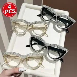 4PCS Women's Fashion Retro Square Cat Eye Diamond Set, Trending Eyeglasses, Trendy Style HD Reading Presbyopia Mirror - Simple PC Material,+1.0 to+4.0 Degrees, Lightweight and Durable, Suitable for Daily Computer and Office Use