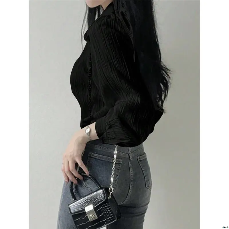 Spring Black JoudiyaWomen sPleatedSolidColorLapelLooseShirt Autumn