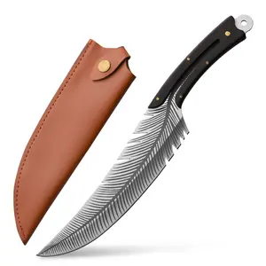 Kitchen Deboning Knife, Leaf Design, Leather Sheath, Sharp Cutting Edge, Camping Outdoor Grilling