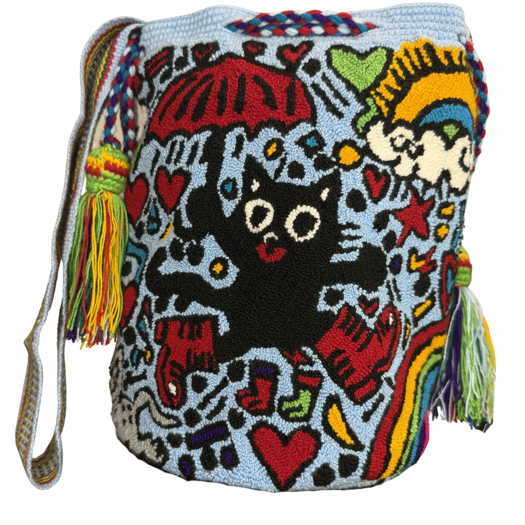Wayuu Mochila Bag with Black Cat & Colorful Hearts - Handmade Wayuu Crochet Artisan Crossbody Purse with Wide Woven Strap, Daily Use Bags, Casual, Folk Women's Crossbody & Shoulder Bags