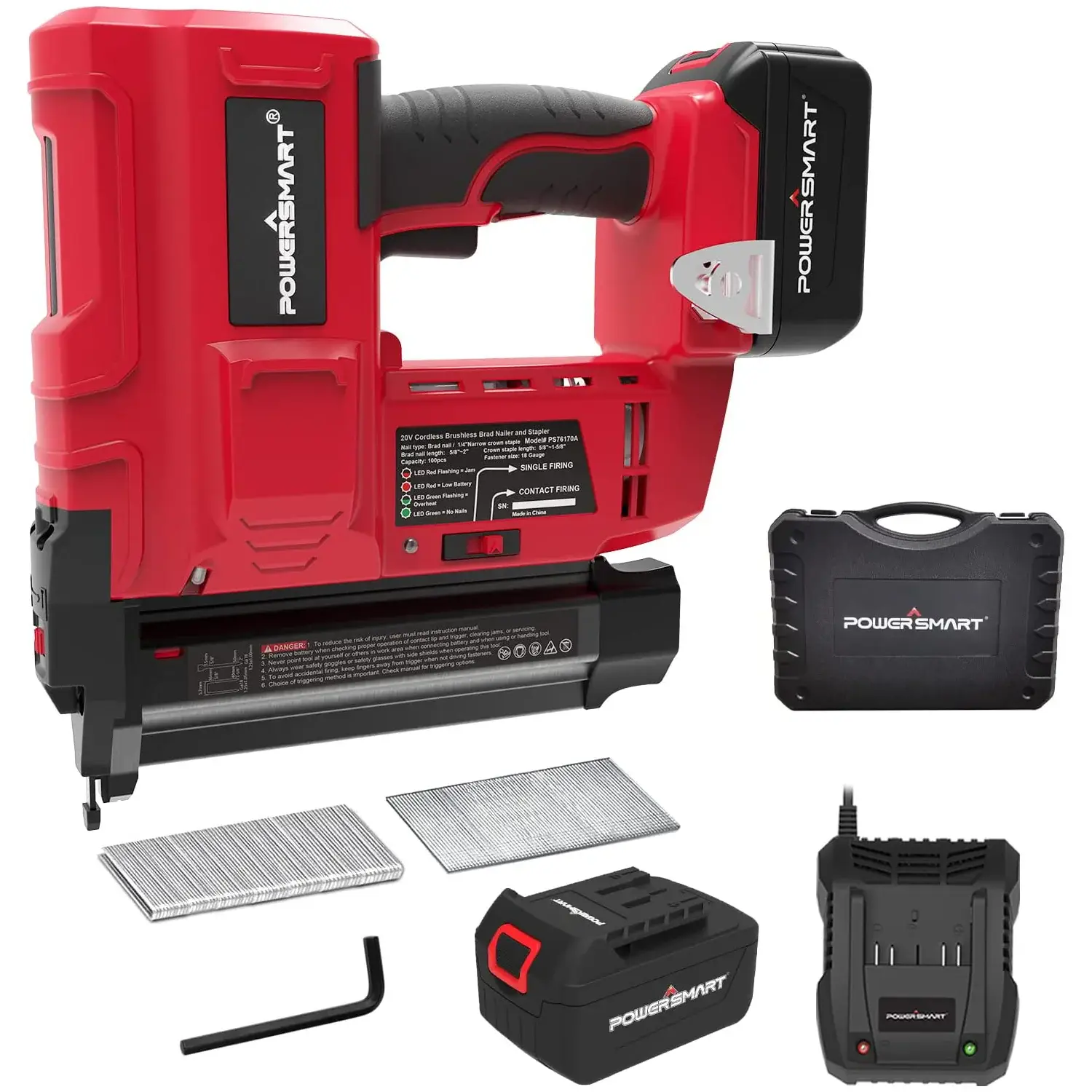 【Springtok】PowerSmart 20V Lightweight Cordless Brad Nailer Kit, 18 Gauge 2 in 1 Brad Nail/Staple Gun with 4.0Ah Lithium-Ion Battery and Fast Charger, 