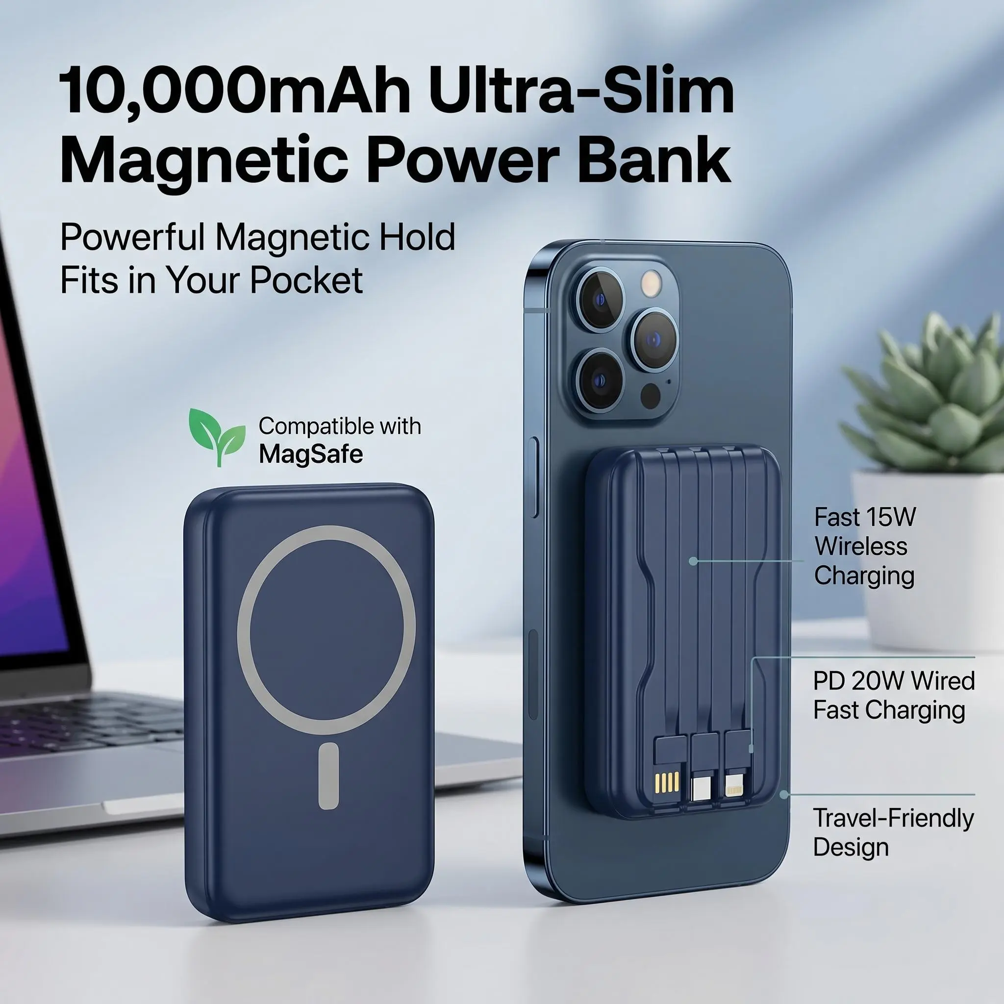 MagSafe 10000mAh Wireless Magnetic Power Bank with 3 Fast-Charging Cables, Portable Charger & Magnetic Phone Charger for Apple, Samsung Smartphones (Tools and Gadgets, Cool Gadgets)