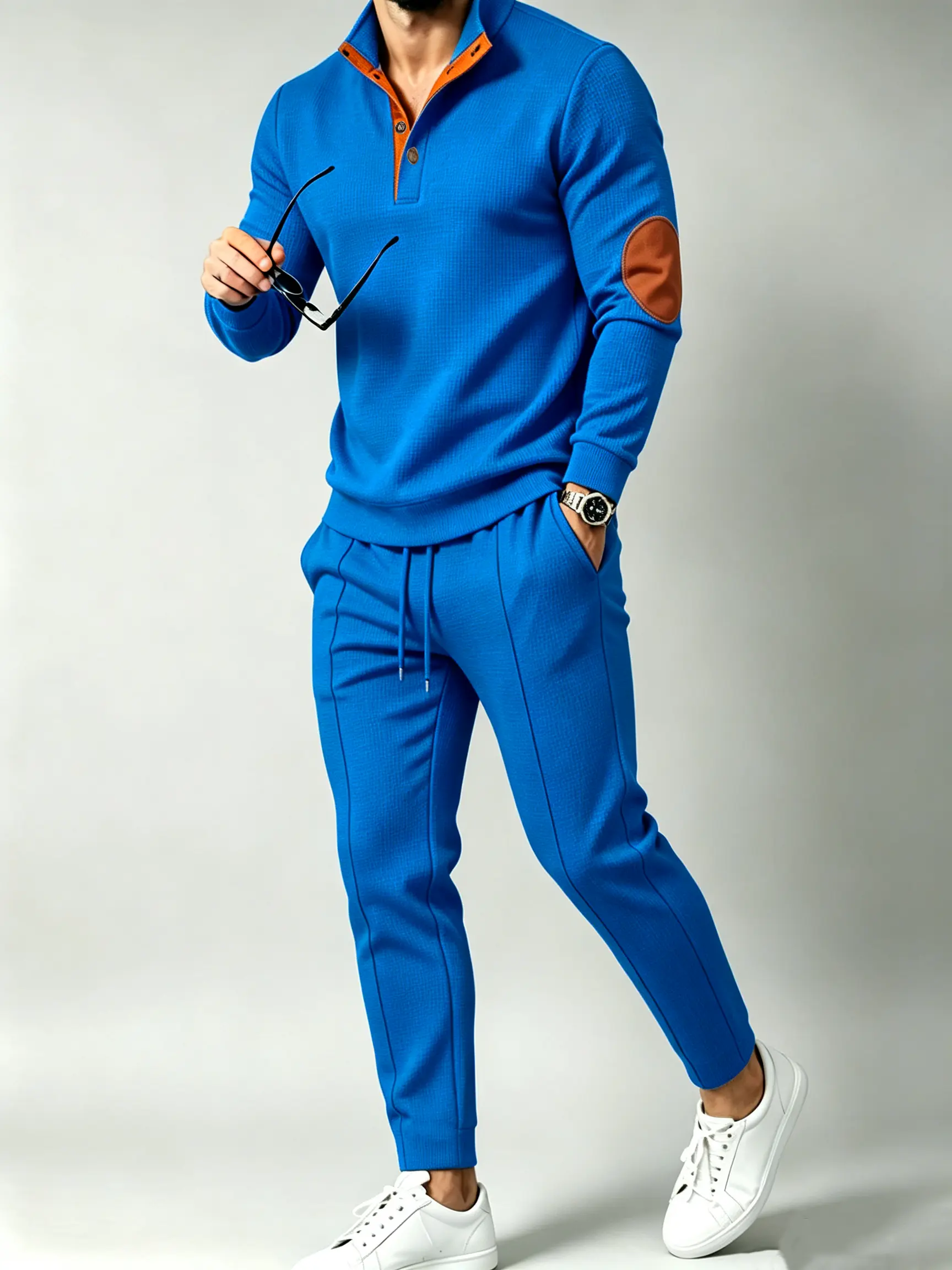 men 2 piece sets Men Waffle Knit Elbow Patch Polo Jogger Set