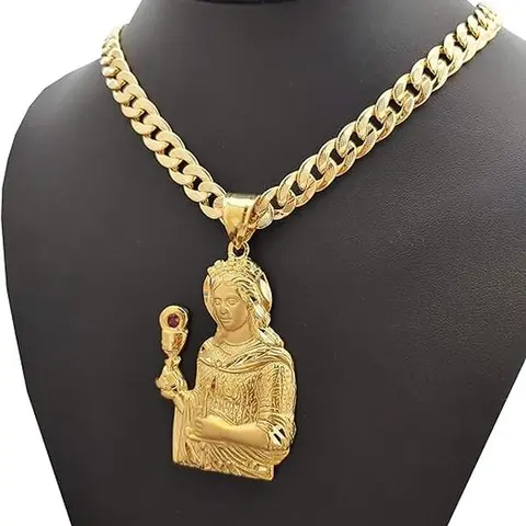 MaxBling81 Exquisite Fashion Unisex Pendant Necklace - 14K Stamped Santa Barbara Brass, 10mm Gold Coated Long Miami Cuban Link Chain, Chunky Necklace for Adults, Ruby Accent Daily Wear Costume Jewelry Accessory