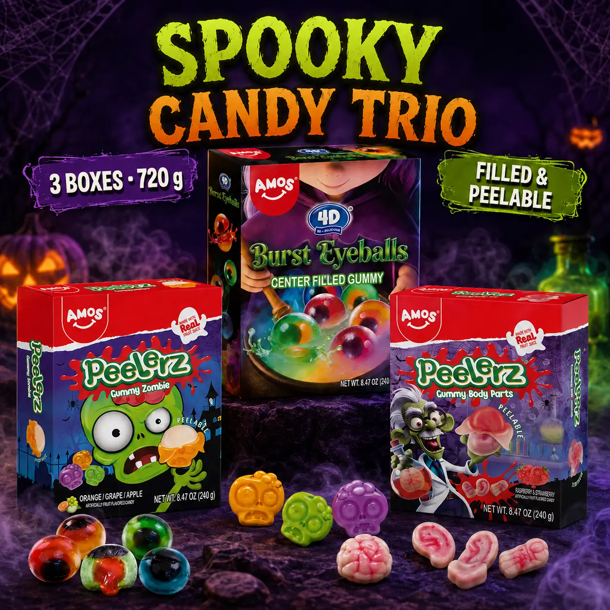 AMOS Halloween Gummy Candy Trio, 3 x 240g Boxes, 4D Burst Eyeballs Center-Filled Gummies, Peelerz Zombie & Body Parts, Party Treats, 720g Total, Gift Pack!