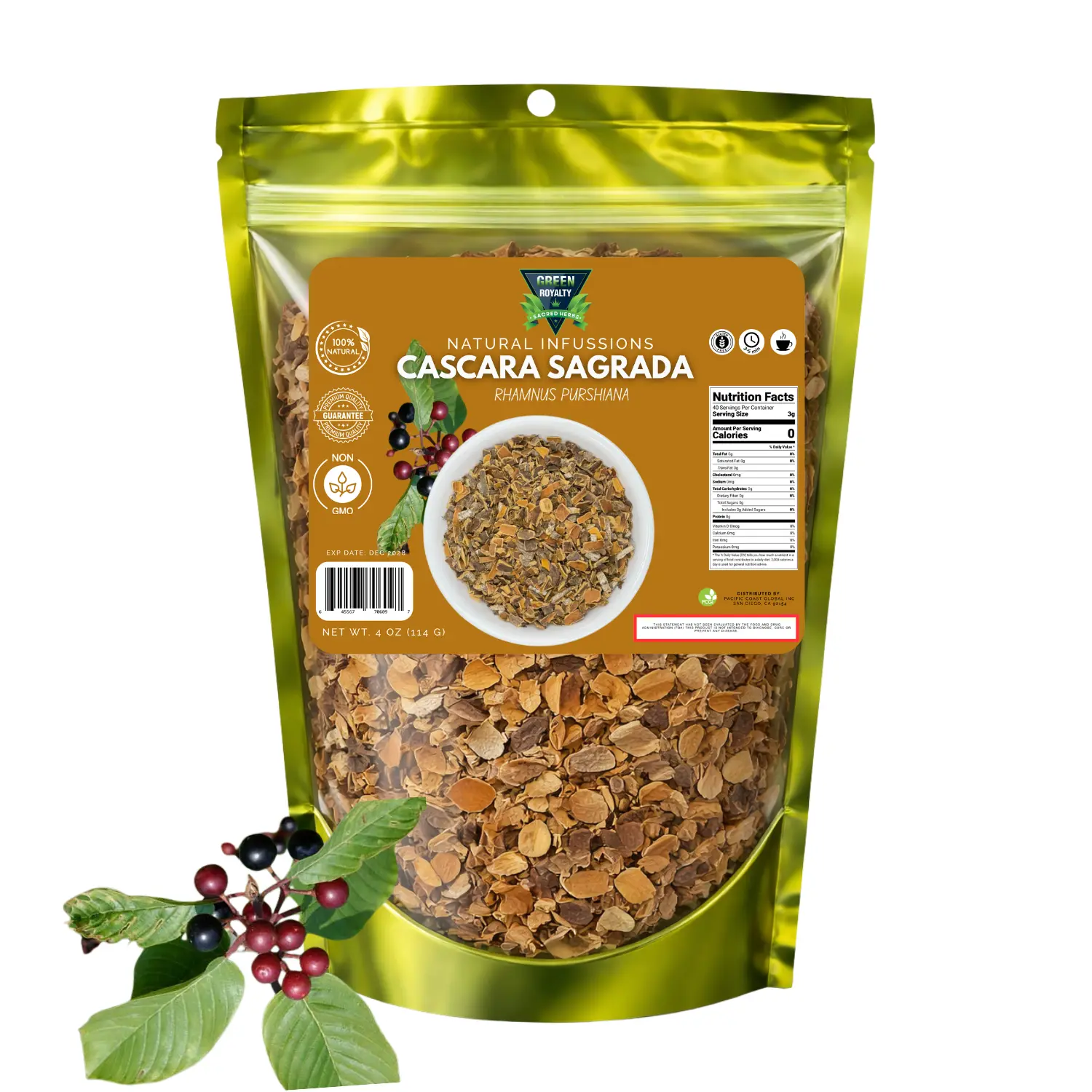 Green Royalty Organic Cascara Sagrada Bark Herbal Supplement - 4oz (113g) Natural Gut & Digestive Health Herb for Adult Constipation Relief, Gut Health Supplement