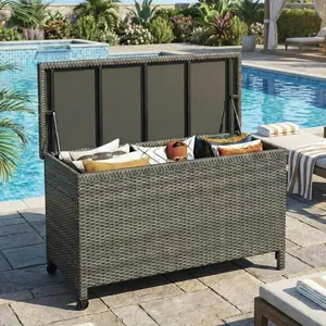185 Gallon Wicker Deck Box, All-Weather Outdoor Storage Bin with Rattan Finish, Large Capacity for Patio Furniture, Cushions, Pool Supplies & Garden Tools
