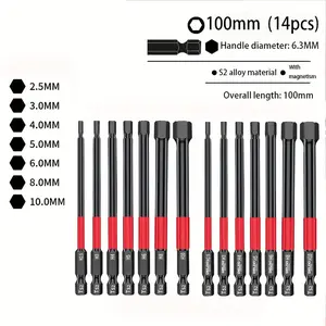 14pcs, 100mm Anti-slip Internal Hexagonal Socket Black Impact Drill Bit Screwdriver, S2 Steel Electric Drill Bit, Extended Hexagonal Drill Bit, Strong Magnetic Drill, Anti-slip Drilling Tool, Ideal Christmas Black Friday Gift Choice Allen Wrench Set