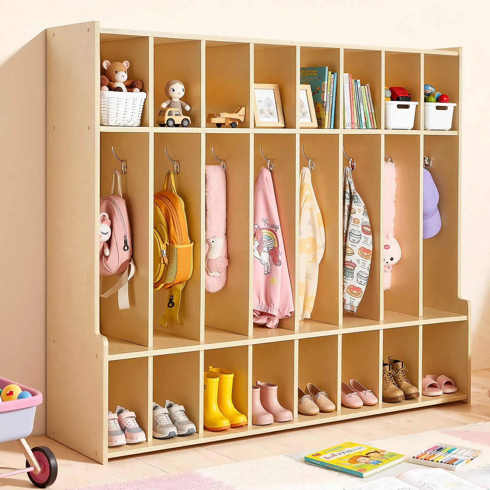 VEVOR 8-Section Natural Wooden Kids Coat Locker - Sturdy Reinforced Floor Organizer with 16 Hooks, 16 Small Open Boxes, Anti-Tip Kit, Child-Friendly Height, for Home, Playrooms, Assembly Required, Toddler-Safe Multiple Sections Furniture