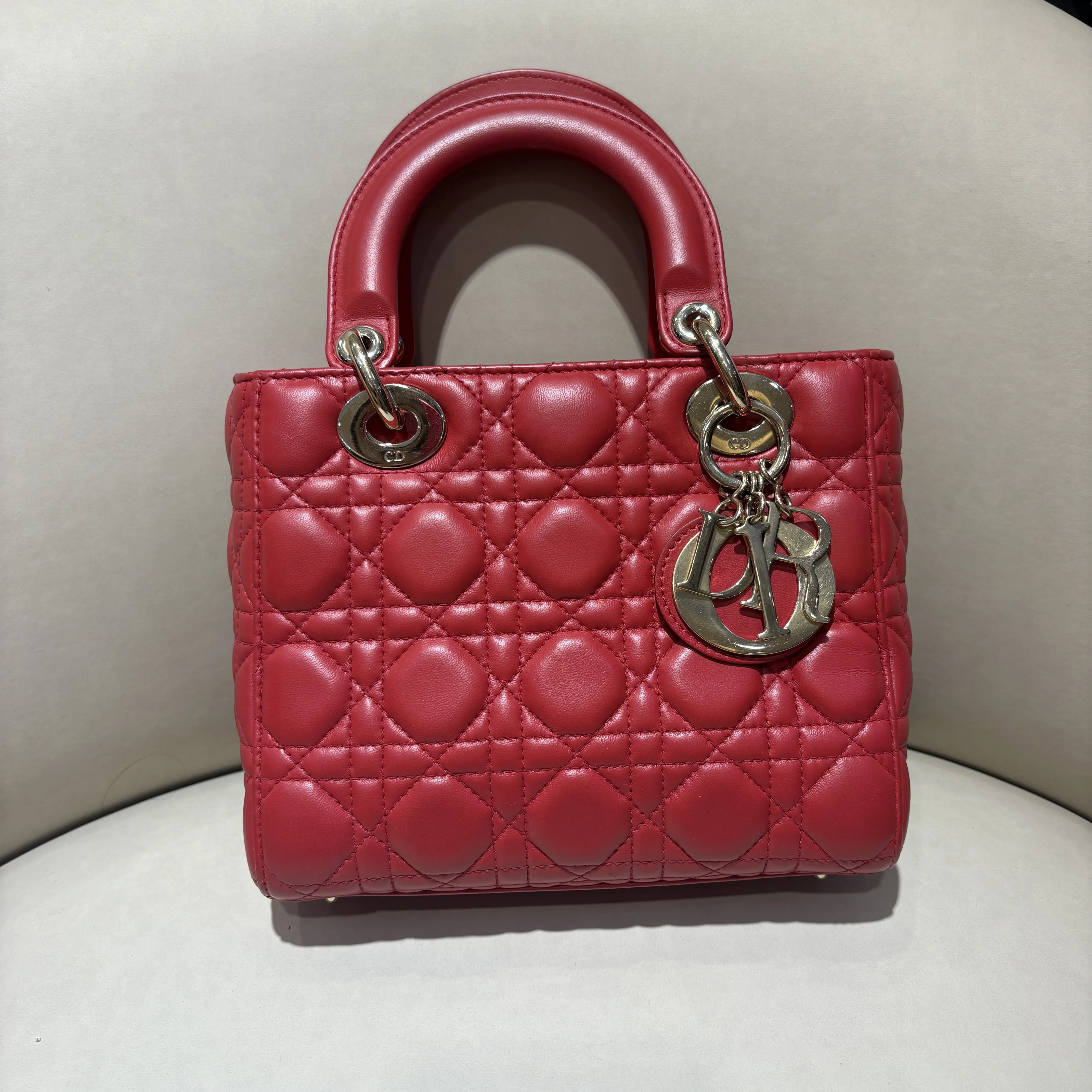 Pre-owned Calfskin Crossbody Bags Christian Dior Red Color Small Lady Dior