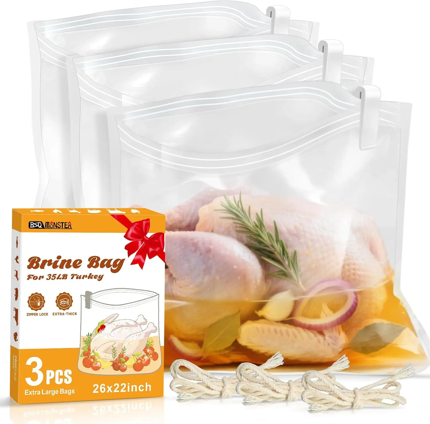 Turkey Brine Bags (3PCS, 26"x22"), Kitchen Food Storage Preserving Containers for 25LB+ Turkey & Meat Marinating, with 3 Strings & Clips, Father’s Day Gift for Cooking Enthusiasts
