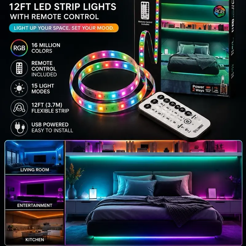 12ft RGB LED Strip Lights - USB Powered, Remote-Controlled, 15 Color Modes for Bedroom, Gaming Room Home Decor