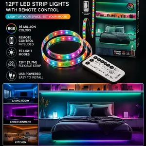 12ft RGB LED Strip Lights - USB Powered, Remote-Controlled, 15 Color Modes for Bedroom, Gaming Room Home Decor